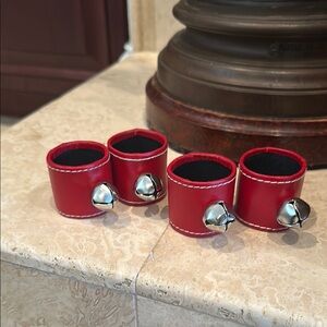 4 Red Leather Napkin Rings with Bells